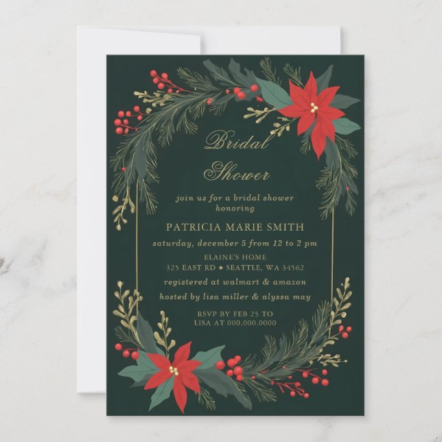 Christmas Winter Floral Green Gold Bridal Shower Inbjudningar (Framsida)