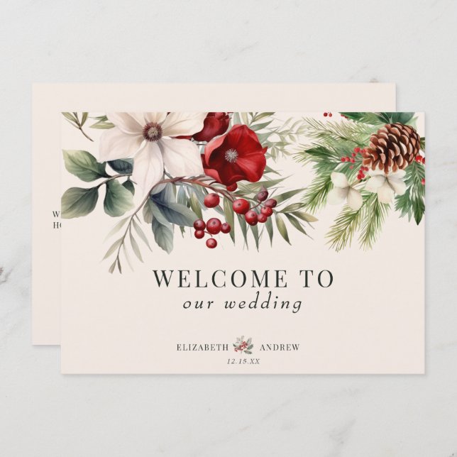Christmas Winter Floral  Wedding Welcome Cards Inbjudningar (Fram/baksida)