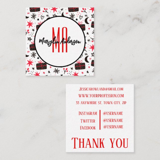 CHRISTMAS WINTER GIFTS OCH SNÖFLINGOR MONOGRAM FYRKANTIGT VISITKORT (Fram/baksida)