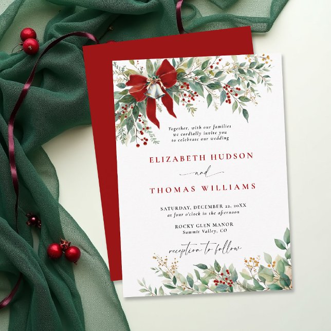 Christmas Winter Greenery Bow Bells Rustic Wedding Inbjudningar (christmas wedding invitation card template design winter greenery bells watercolor botanical rustic )