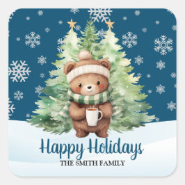 CHRISTMAS WOODLAND BEAR FYRKANTIGT KLISTERMÄRKE