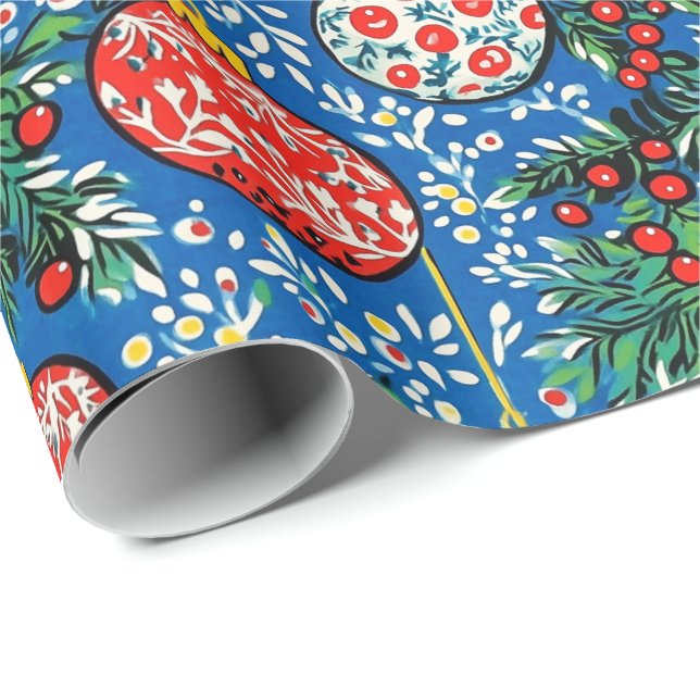 Christmas Wrapping Paper With Colorful Ornaments Presentpapper (Rullad Hörn)