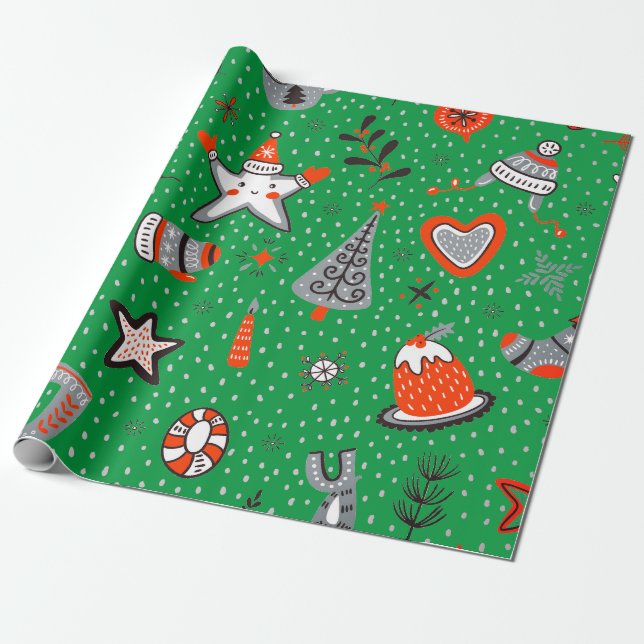 CHRISTMAS WRAPPING PAPPER DOODLE ART-GRÖNT PRESENTPAPPER (Utrullad)