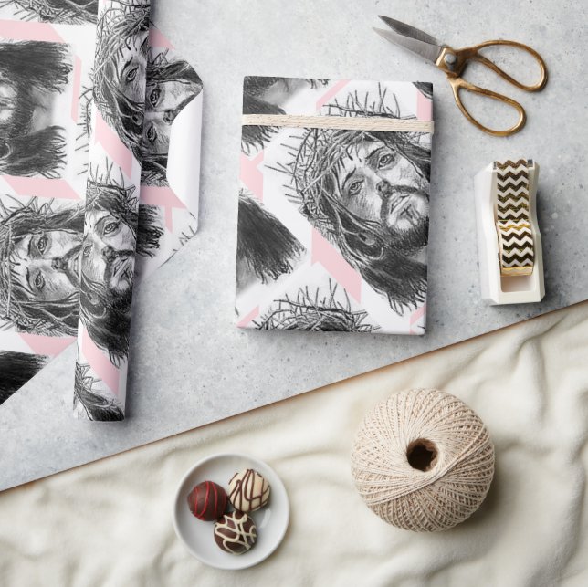Christmas Wrapping Pink &White Stripe Jesus Christ Presentpapper (Hantverk)