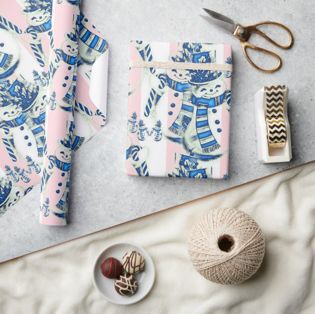 Christmas Wrapping Pink & White Stripe Snowman Presentpapper (Hantverk)