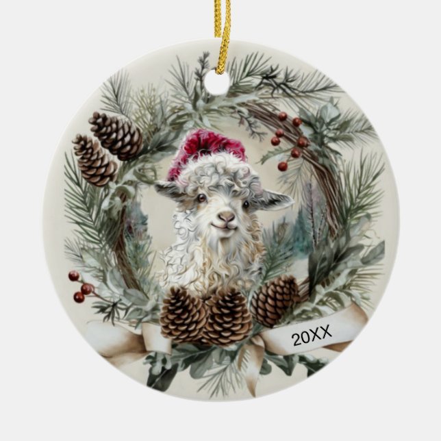 Christmas Wreath Angora Goat  Julgransprydnad Keramik (Framsidan)