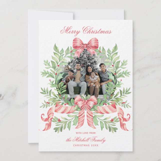 Christmas Wreath Candy Cane Bow | Photo Card Spara Datumet (Framsida)