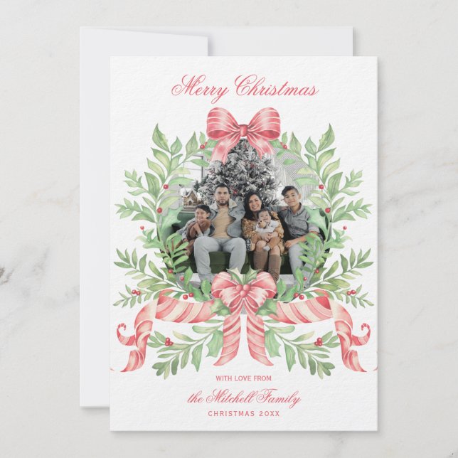 Christmas Wreath Candy Cane Bow | Photo Card Spara Datumet (Framsida)