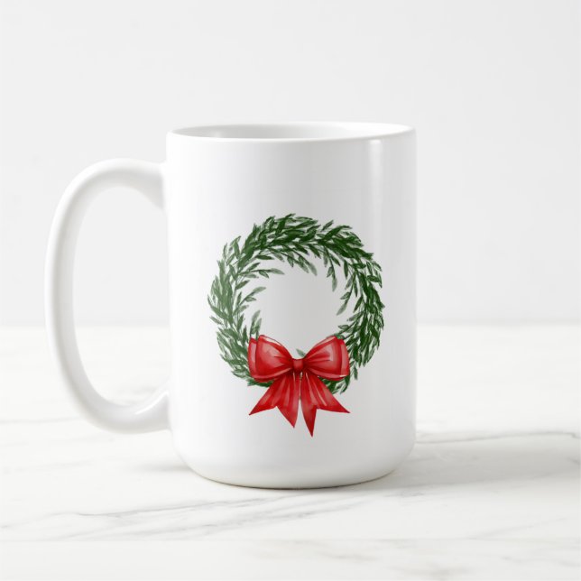 Christmas Wreath Coffee Mug with Red Bow  Kaffemugg (Vänster)