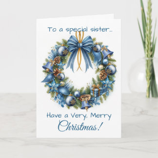 Christmas Wreath in Blue & Gold Card for Sister Helgkort