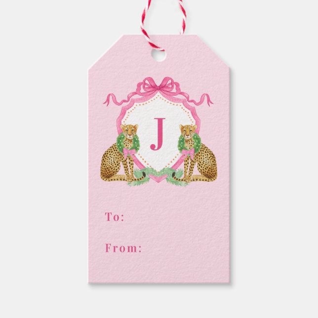 Christmas Wreath Leopard Crest Monogram  Presentetikett (Framsidan)