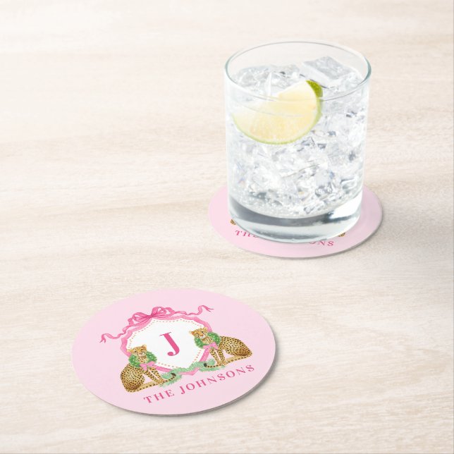 Christmas Wreath Leopard Crest Monogram  Underlägg Papper Rund (Insitu)