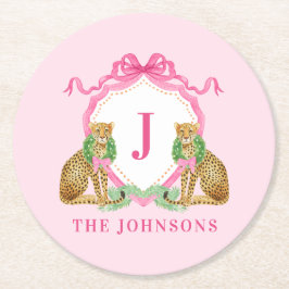 Christmas Wreath Leopard Crest Monogram Underlägg Papper Rund