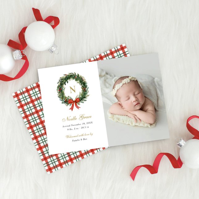 Christmas Wreath Newborn Girl Birth Photo Julkort (Skapare uppladdad)