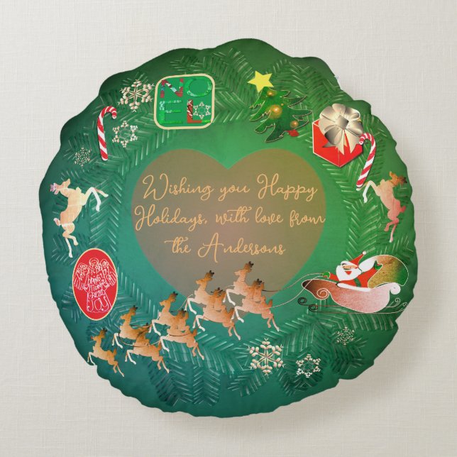 Christmas Wreath + Photo Flat Holiday Card Rund Kudde (Baksidan)