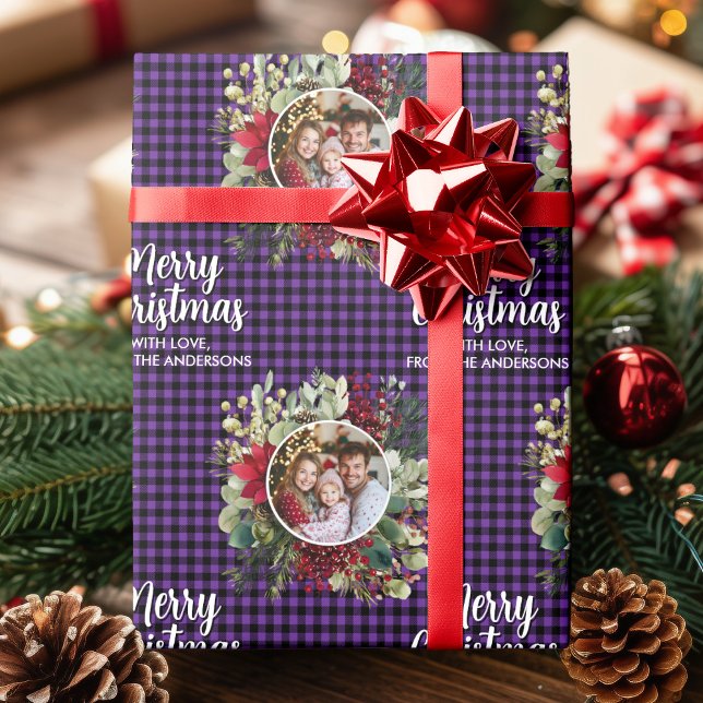 Christmas Wreath Plaids Family Photo Personalized Presentpapper (Christmas Wreath Plaids Family Photo Personalized Wrapping Paper)