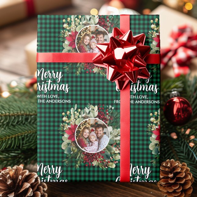 Christmas Wreath Plaids Family Photo Personalized Presentpapper (Christmas Wreath Plaids Family Photo Personalized Wrapping Paper)