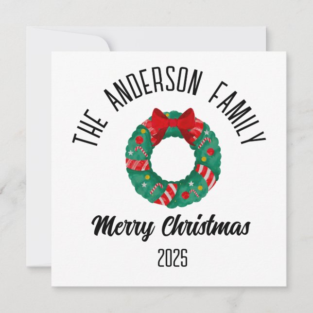 Christmas Wreath Red Bow Lights Personalized Name Julkort (Framsida)