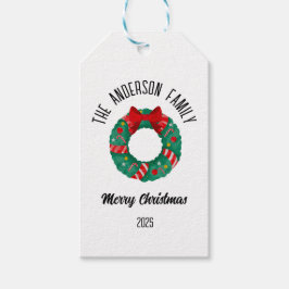 Christmas Wreath Red Bow Lights Personalized Name Presentetikett