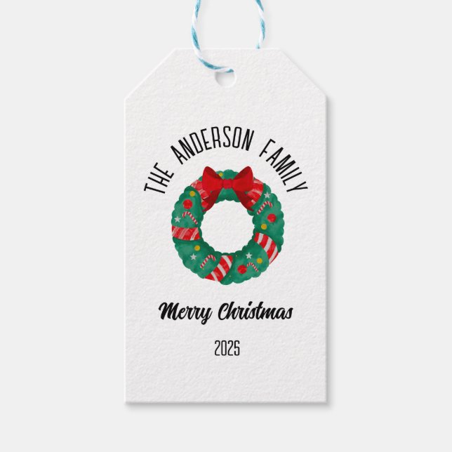 Christmas Wreath Red Bow Lights Personalized Name Presentetikett (Framsidan)