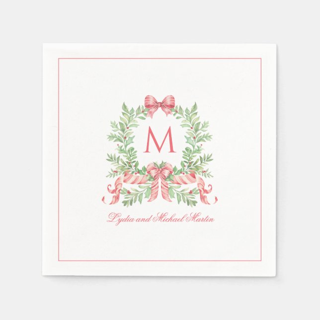 Christmas Wreath w Candy Cane Bow | Monogram  Pappersservett (Framsidan)