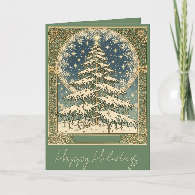 Christmas Yule Tree Snowflakes and Stars Art Nouve Helgkort (Framsida)