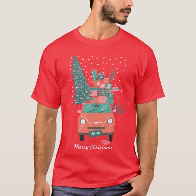 Christmasree And Gifts In A Car Ho Ho Ho Happy fri T Shirt (Framsida)