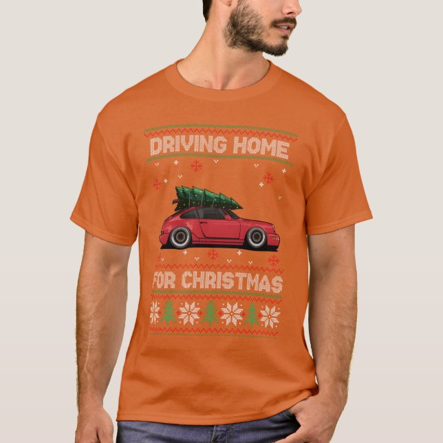 Christmasree Oldtimer Car Julafton Ugly Sweater re T Shirt (Framsida)