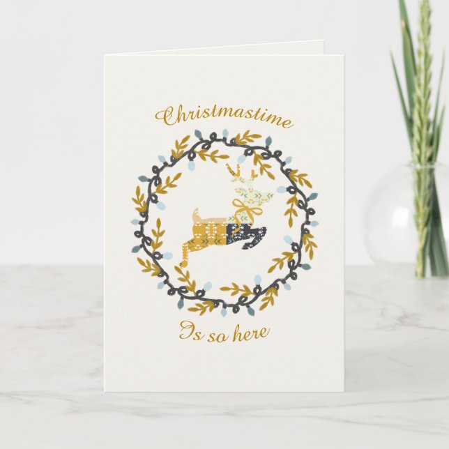 Christmastime Deer with Wreath Yellow Cream Helgkort (Framsida)