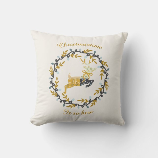 Christmastime Deer with Wreath Yellow Cream Kudde (Framsida)