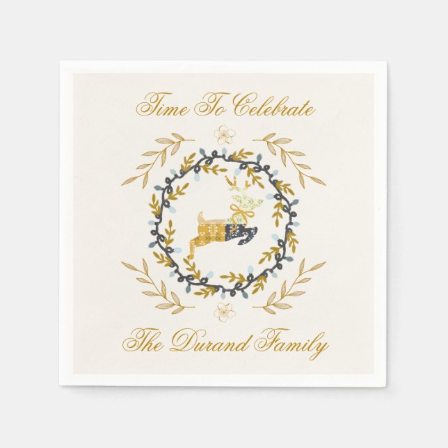 Christmastime Deer with Wreath Yellow Cream Pappersservett (Framsidan)