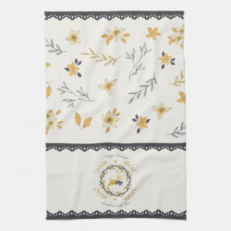 Christmastime Deer Yellow Cream Floral Blue Kökshandduk