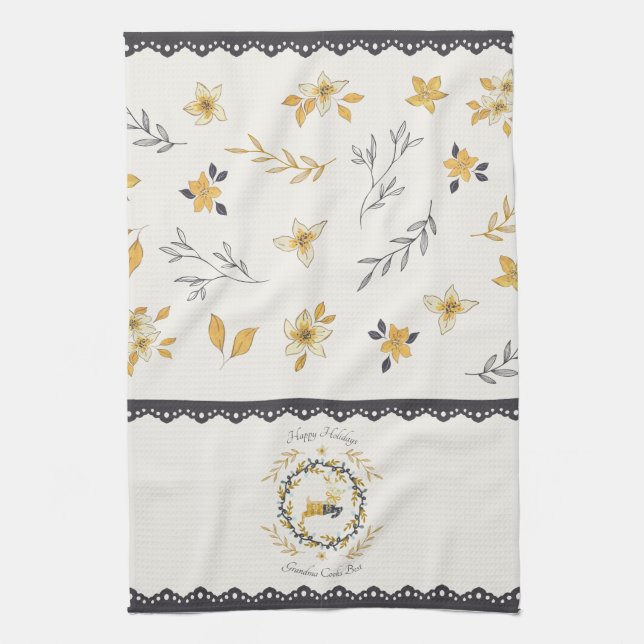 Christmastime Deer Yellow Cream Floral Blue Kökshandduk (Vertikal)