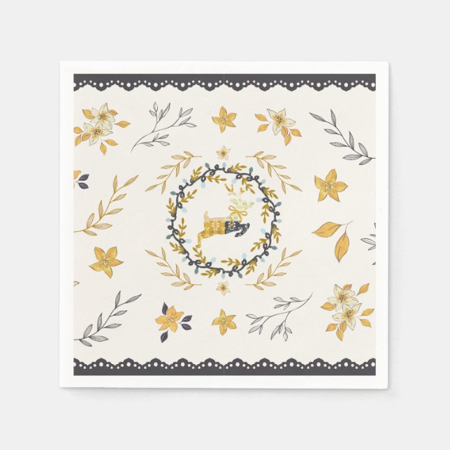 Christmastime Deer Yellow Cream Floral Blue Pappersservett (Framsidan)