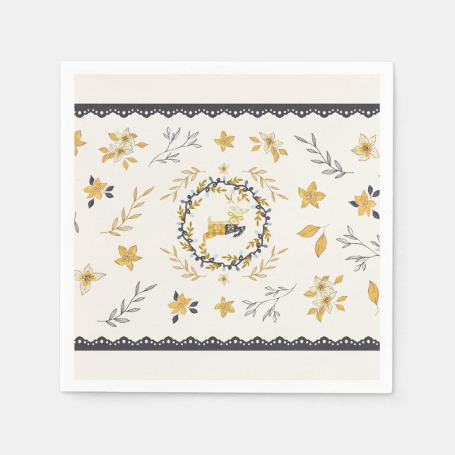 Christmastime Deer Yellow Cream Floral Blue Pappersservett (Framsidan)