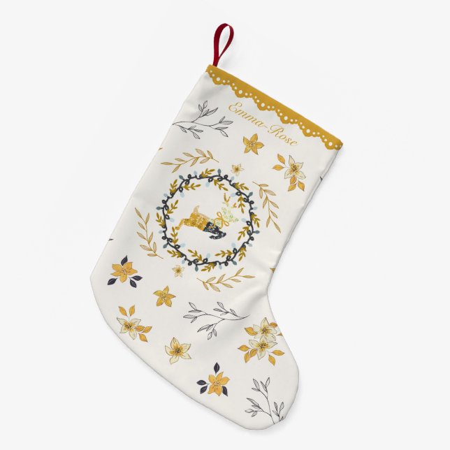 Christmastime Deer Yellow Cream Floral Liten Julstrumpa (Framsidan (Hängande))