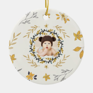 Christmastime Deer Yellow Cream Floral Photo Julgransprydnad Keramik
