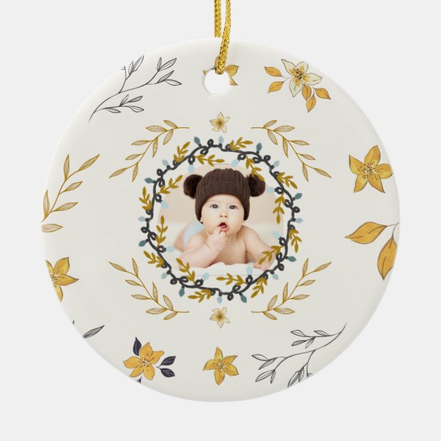 Christmastime Deer Yellow Cream Floral Photo Julgransprydnad Keramik (Framsidan)