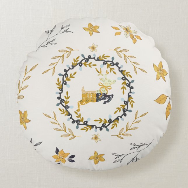 Christmastime Deer Yellow Cream Floral Rund Kudde (Framsidan)