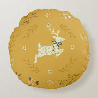 Christmastime Deer Yellow Floral Rund Kudde