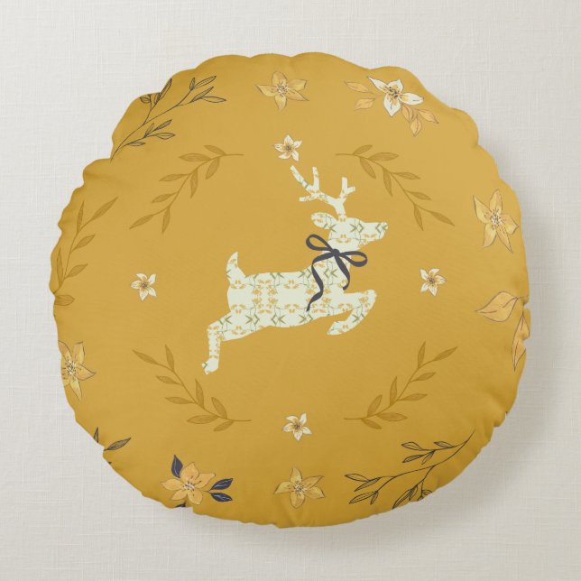 Christmastime Deer Yellow Floral Rund Kudde (Framsidan)