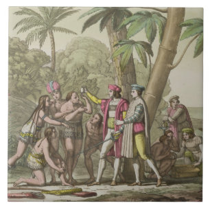 Christopher Columbus (1451-1506) med infödda Amer Kakelplatta