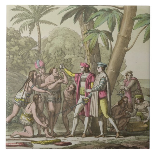 Christopher Columbus (1451-1506) med infödda Ameri Kakelplatta (Framsidan)