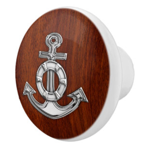 Chrome Anchor på Nautical Mahogany Grain Print Knopp