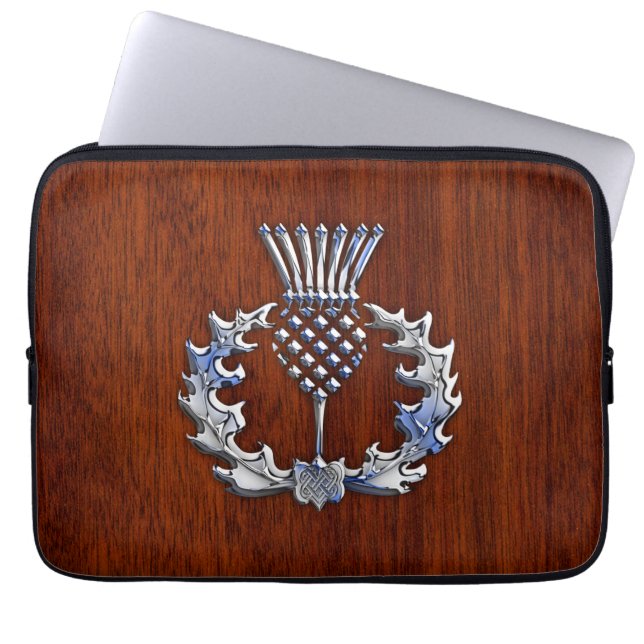 Chrome and Mahogany Wood Scottish Thistle Print Laptop Sleeve (Framsidan)
