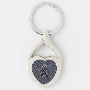 Chrome Black Ribbon Awareness Midnight Blue Twisted Heart Silverfärgad Nyckelring