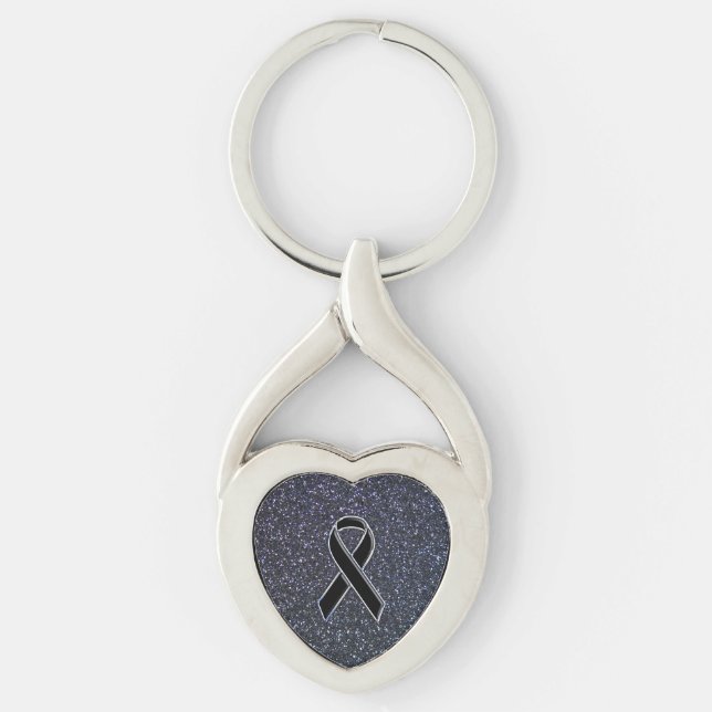 Chrome Black Ribbon Awareness Midnight Blue Twisted Heart Silverfärgad Nyckelring (Framsidan)