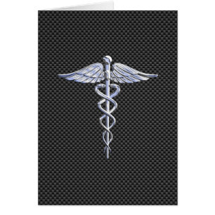 Chrome Caduceus Medical Symbol Black Carbon Fiber Hälsningskort