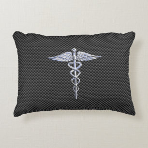 Chrome Caduceus Medical Symbol Black Carbon Fiber Prydnadskudde