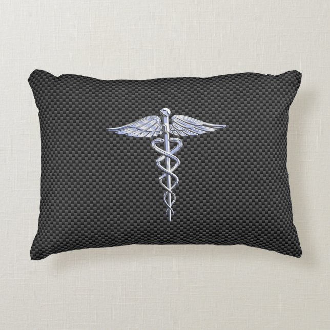 Chrome Caduceus Medical Symbol Black Carbon Fiber Prydnadskudde (Framsidan)